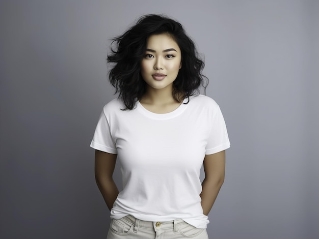 Photo positive asian woman in classic white tshirt