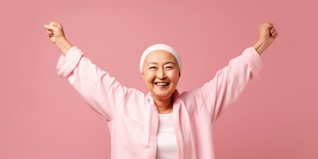 Positive bald asian woman fighting against cancer AI Generated