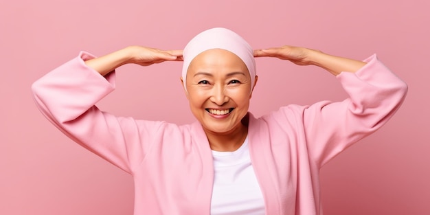 Positive bald asian woman fighting against cancer ai generated