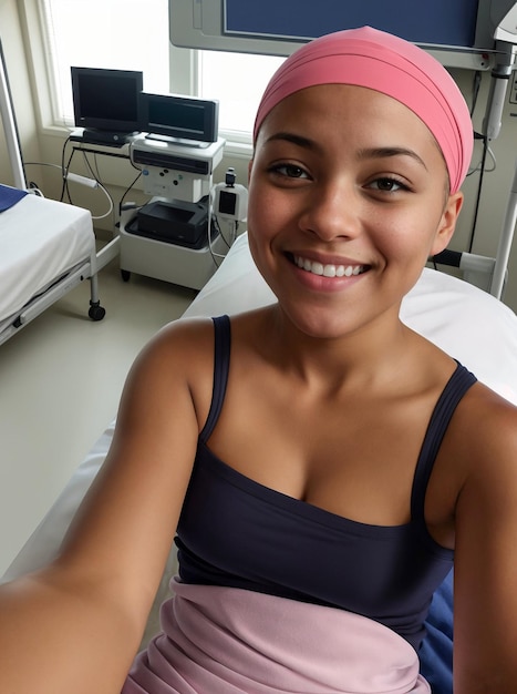 Foto una bella giovane donna calva seduta in un letto d'ospedale che si fa dei selfie per il trattamento e il recupero.