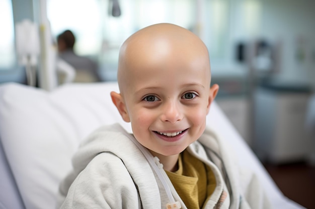 Positive bald boy with cancer at hospital AI Generated