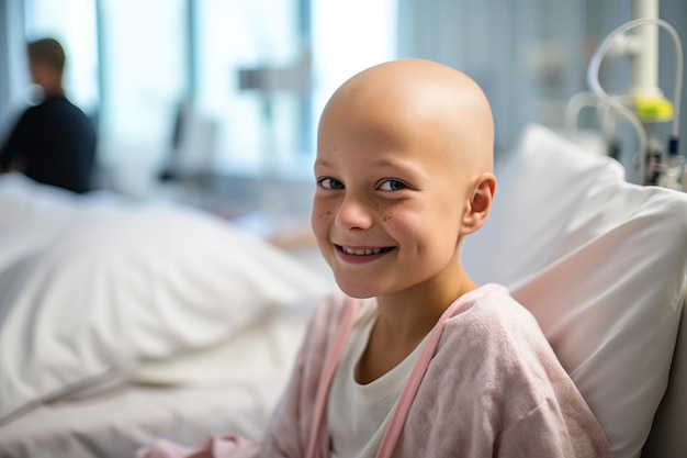 Positive bald girl with cancer at hospital AI Generated