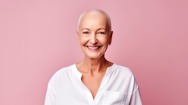 Positive bald senior woman fighting against cancer AI Generated