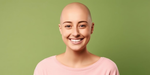Позитивная лысая молодая женщина борется с раком Сгенерирован AI