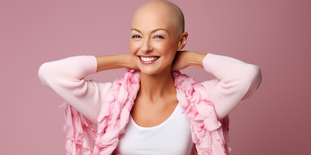 Positive bald young woman fighting against cancer AI Generated