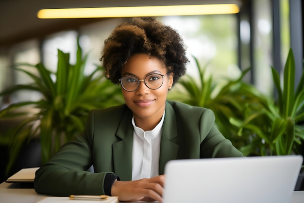 Positive beautiful black woman in glasses using laptop looking at camera and smiling