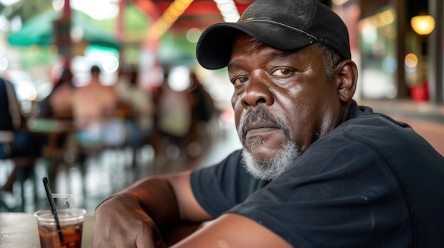 A positive black homeless man sits at a table with a drink placed in front of him