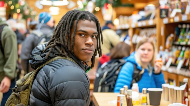 A positive black homeless man with dreadlocks stands inside a store