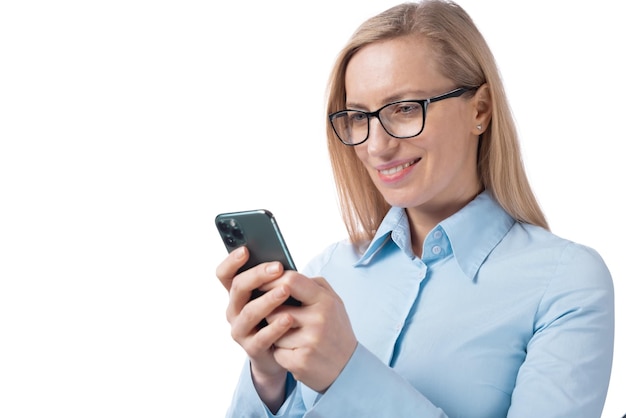 Positive caucasian woman in eyewear and