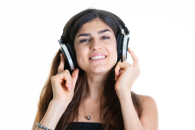 Positive cheerful girl listen music head phone feel pleasure emotions on white background