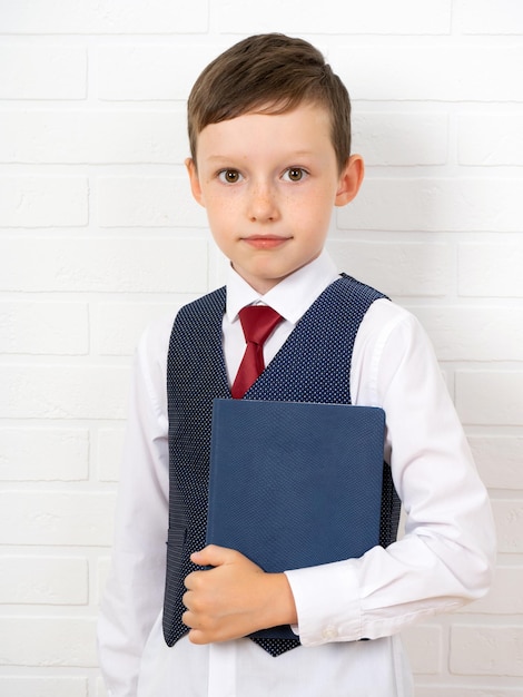 Positive elementary school nerd student holding textbook and looking at you on light background