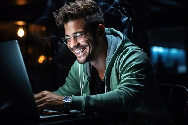 긍정적인 감정 안경을 쓴 남자는 네온 조명이 있는 어두운 방에서 노트북 옆에 앉아 있습니다.