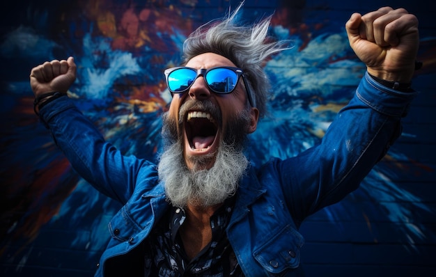 Positive face of bearded man A man with a beard and sunglasses on