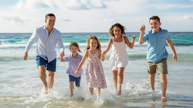 Positive family of five playing at sea beach