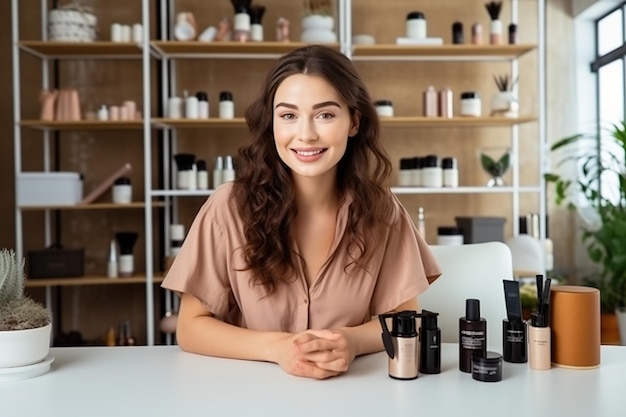 Positive female beauty blogger filming review of new cosmetics Generative AI