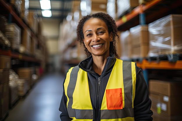 A positive female storekeeper in overalls stands against the background of shelves in a huge warehouse