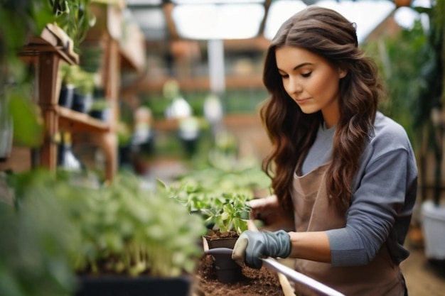 Positive focused female gardener cutting sprouts ar c