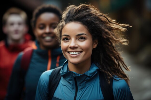 Photo positive and friendly interaction between female runner and competitor mid race runner image