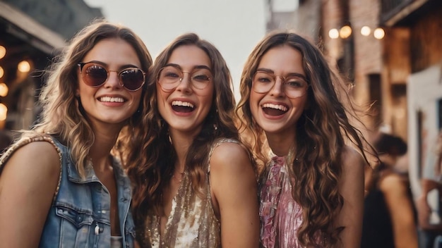 Positive funny portrait of the pretty american women enjoy their party youth hipster clothes crazy