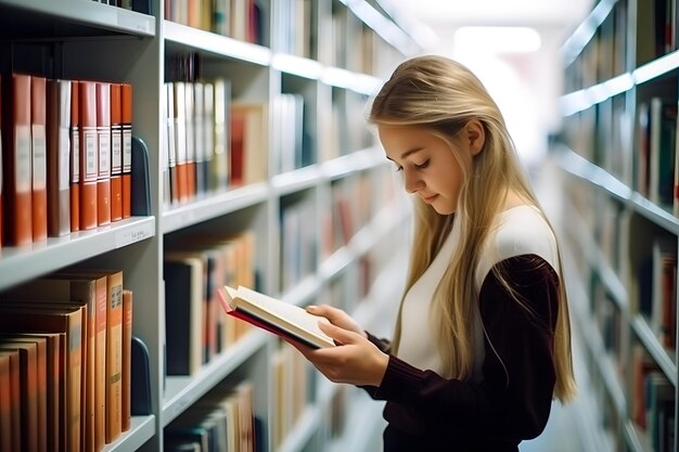 ポジティブな女の子は図書館の棚から本を選び大学図書館で教育を受ける時間を過ごします - 毎日読むことの利点