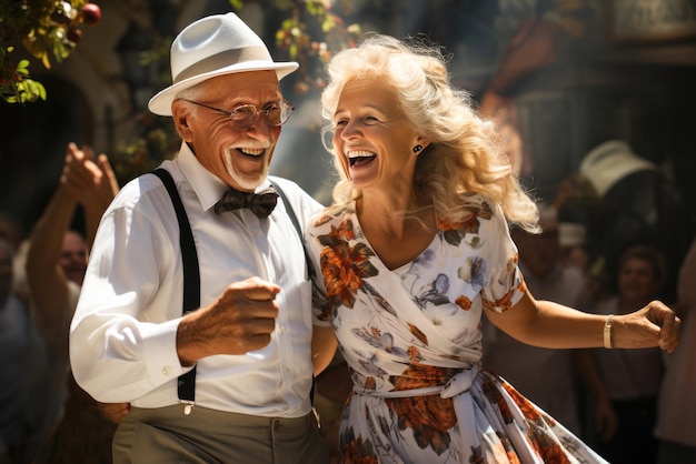 Positive happy elderly couple dancing and laughing