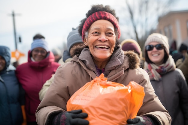 자원봉사자를 기다리는 노숙자 무리 뒤에 옷이 가득 담긴 비닐봉지를 들고 있는 긍정적인 노숙자 여성