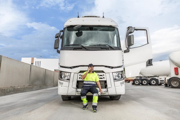 Positive male driver sitting on bonnet of truck while talking on smartphone