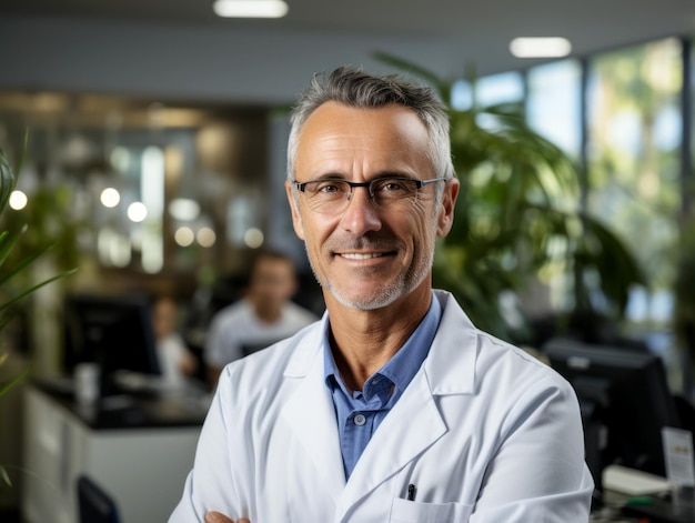 Positive male researcher smiling confidently in a modern laboratory workspace with colleagues in the background Generative AI