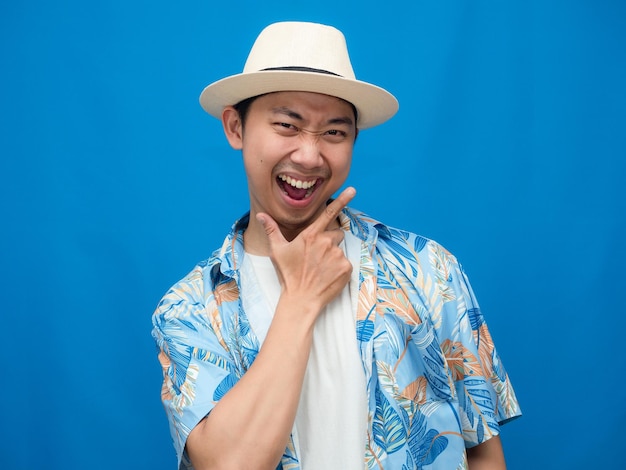 Positive man beach shirt cheerful emotion blue background