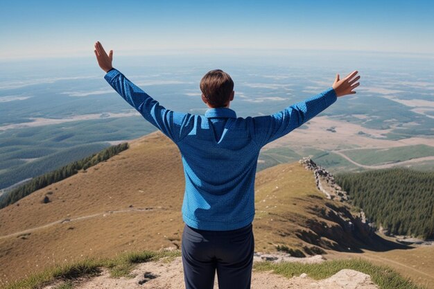 Positive man celebrating on mountain top with arms raised up Generative AI illustration