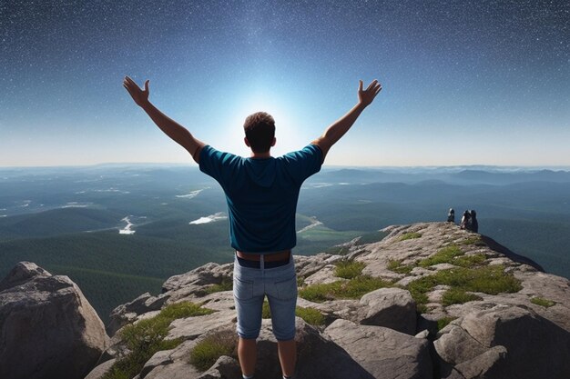 Positive man celebrating on mountain top with arms raised up Generative AI illustration