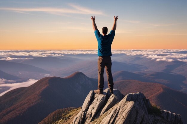 Photo positive man celebrating on mountain top with arms raised up generative ai illustration