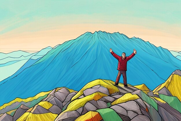 Positive man celebrating on mountain top with arms raised up Generative AI illustration