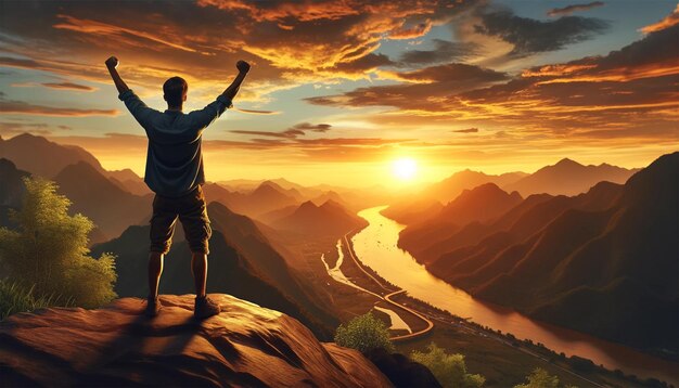 Photo positive man celebrating on a mountain top