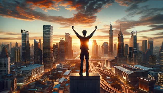 positive man celebrating on top of a building with arms raised up