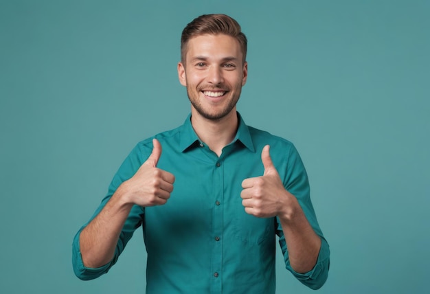 Positive man in teal shirt giving double thumbs up blue background