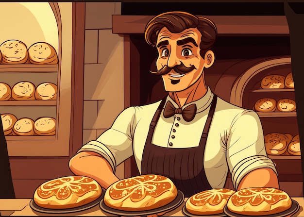 Позитивный продавец-мужчина продает свежие вкусные булочки в пекарне