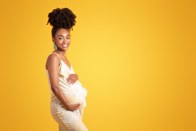 Positive millennial black pregnant lady touching big belly enjoy pregnancy isolated on orange