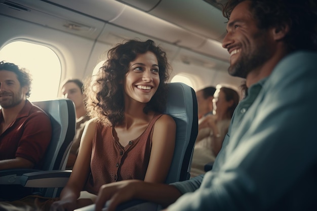 Positive passengers on the plane a man and a woman are sitting in comfortable flight chairs flying