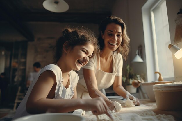 Photo positive people mom and daughter cook cookies together in the kitchen for a holiday family