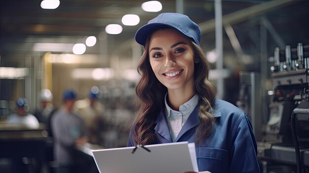 a Positive smiling female technologist holding checklist inside the food processing factory Industrial food Generative Ai