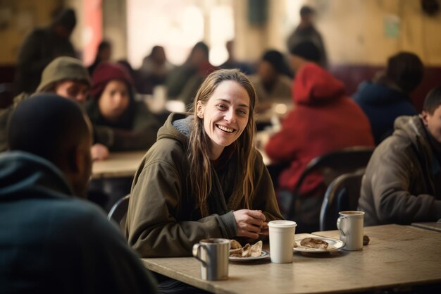터에서 자선 저녁 식사에서 테이블에 앉아 있는 긍정적인 미소 짓는 노숙자 젊은 백인 여성