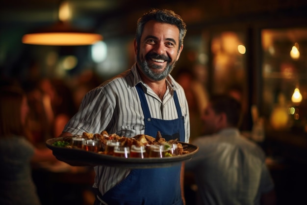 Positive smiling waiter with a beard carries a tray with various snacks and alcoholic drinks