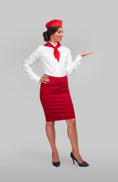 Positive stewardess presenting empty space