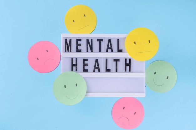 Positive thinking mental health ability to live without stress concept world mental health day background Multicolored paper emoticons with different moods