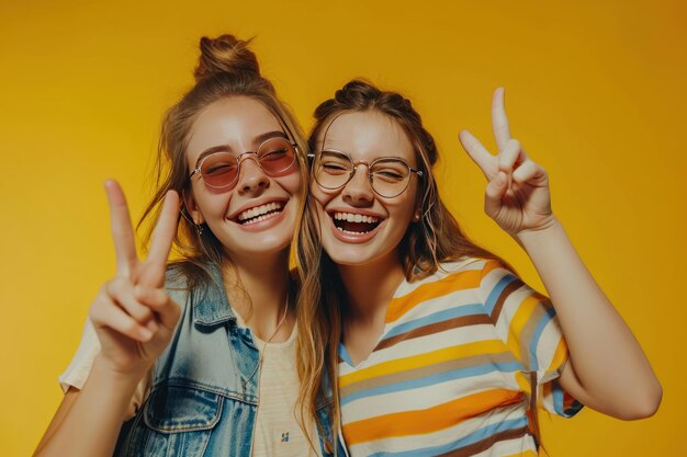 Positive two female friends show peace gesture smile ai generative