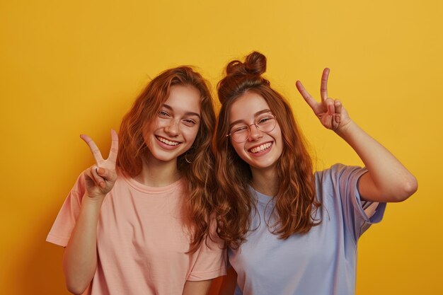Positive two female friends show peace gesture smile ai generative