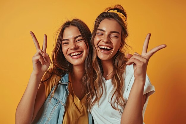 Positive two female friends show peace gesture smile ai generative