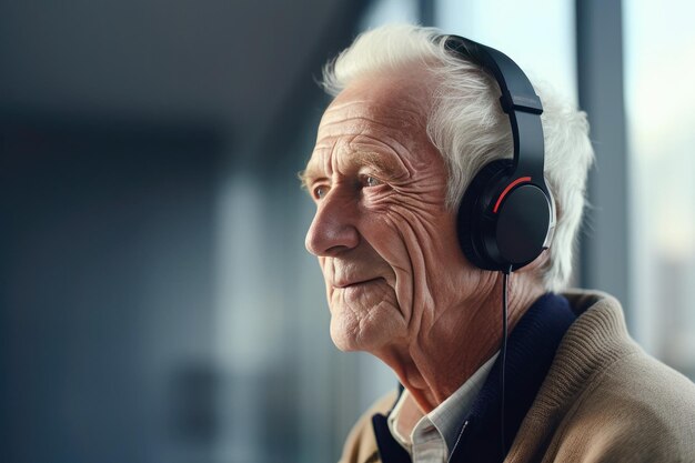 긍정적 인 진동 헤드폰 을 착용 한 노인 이 음악 의 즐거움 에 몰입 하고 있다