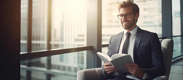 Positive young businessman in modern corporate setting looking at camera with diary sunlight through windows